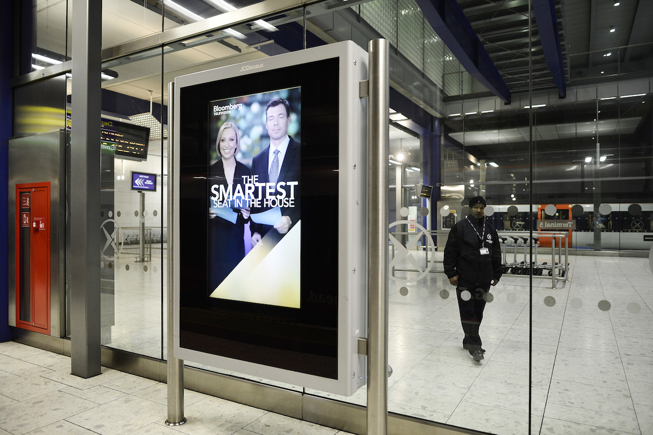 Bloomberg TV adverts on the Heathrow Express Terminal 5 platform